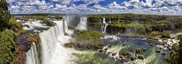 Breathtaking panoramic view over an expansive waterfall landscape and dense forest, The Iguazu Falls between Argentina and Brazil