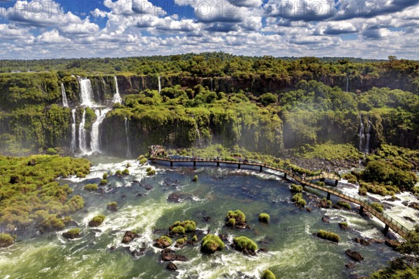 Expansive aerial view over river landscape with waterfalls and dense forest, The Iguazu Falls between Argentina and Brazil