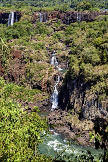 A narrow waterfall meanders through rocky terrain, surrounded by dense vegetation, The Iguazu Falls between Argentina and Brazil