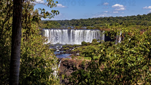 A wide waterfall falls gently into a river, surrounded by dense vegetation and blue skies, The Iguazu Falls between Argentina and Brazil