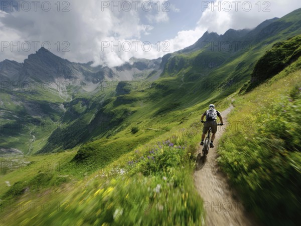 A single mountain biker quickly rides a trail in the high mountains, motion blur, AI generated, AI generated