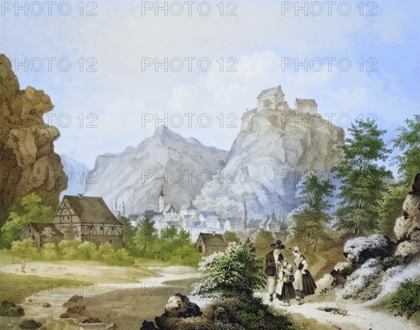 Castle and town of Pottenstein, climatic health resort, Franconian Switzerland, around 1850, district of Bayreuth, Upper Franconia, Bavaria, Germany, digitally enhanced reproduction from a 19th century original, coloured, historical, exact date unknown