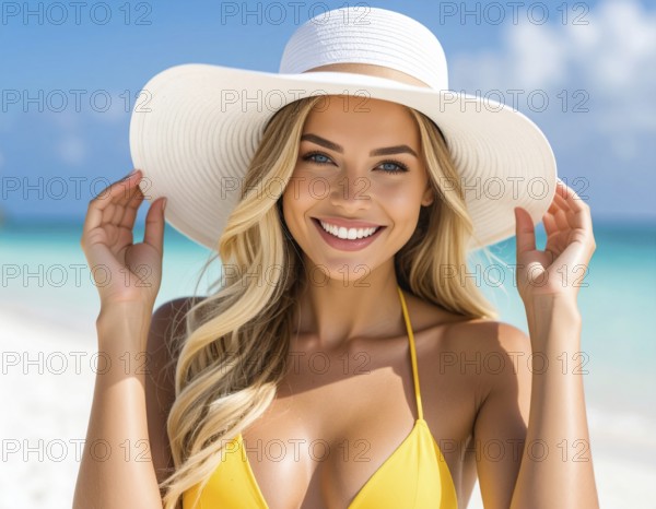 KI generated, AI generated, woman, woman, 25, 30, years, one, person, persons, model, blonde, blond, blonde, Caucasian, long-haired, yellow bikini, white straw hat, beach, sea, palm trees, smile, beautiful teeth, holiday, holiday joys, holiday feeling, happy, relaxed, summer, travel, journeys, colourful, blue sky, portrait, looking into the camera, worldwide