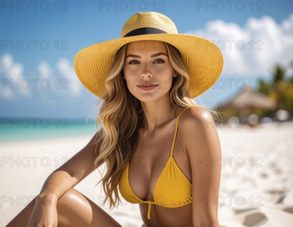 KI generated, AI generated, woman, woman, 25, 30, years, one, person, persons, model, blonde, blond, blonde, dark-haired, Caucasian, long-haired, bikini, bikinis, yellow, yellow straw hat, beach, sea, palm trees in the background, smile, beautiful teeth, holiday, holiday joys, holiday feeling, happy, relaxed, summer, journey, travel, colourful, blue sky, portrait, frontal, looking into the camera, worldwide