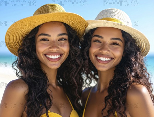 KI generated, AI genereted, woman, woman, 25, 30, years, two, person, persons, model, dark-haired, Brazil, Brazilian, long-haired, bikini, straw hat, straw hats, beach, sea, smile, beautiful teeth, holiday, holiday joys, holiday feeling, happy, relaxed, summer, travel, journeys, colourful, blue sky, portrait, portrait, looking into the camera, friends, light freckles, twins, sisters, worldwide, AI generated