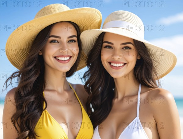 KI generated, AI genereted, woman, woman, 25, 30, years, two, person, persons, model, brunette, blonde, dark-haired, long-haired, Spain, Spanish, bikini, bikinis, yellow, white, straw hat, straw hats, beach, sea, palm trees, smile, beautiful teeth, holiday, holiday joys, holiday feeling, happy, relaxed, summer, travel, travels, colourful, blue sky, portrait, portrait, look into. the camera, worldwide, AI generated