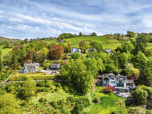 Farms and Fields from a drone, Townend house, Troutbeck, Windermere, Lake District, Cumbria, UK