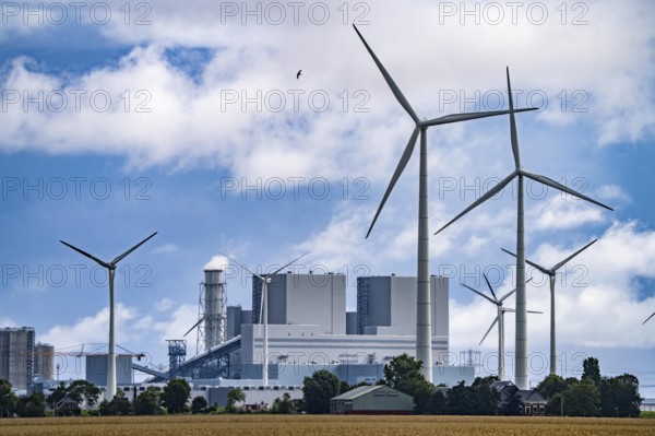 RWE coal-fired power plant Eemshavencentrale, in the seaport of Eemshaven, operator RWE Power, wind farm, Netherlands