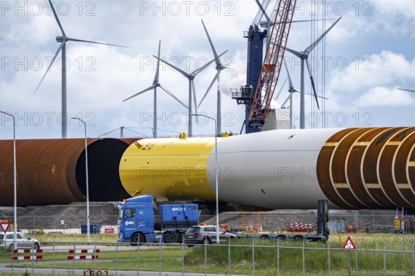 The seaport of Eemshaven, Julianahaven Basin, where the foundation structures, monopiles, for offshore wind farms are stored, which then support the actual wind turbines, the components are transported to the wind farms in the North Sea on large workboats and anchored to the seabed, where the wind turbines are then built, Eemshaven, Netherlands