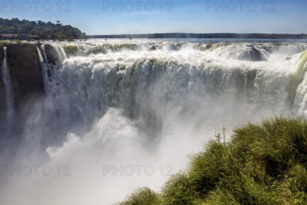 Plunging water of the waterfall with dense foam, surrounded by green vegetation under a blue sky, The waterfalls of the Iguazu between Argentina and Brazil