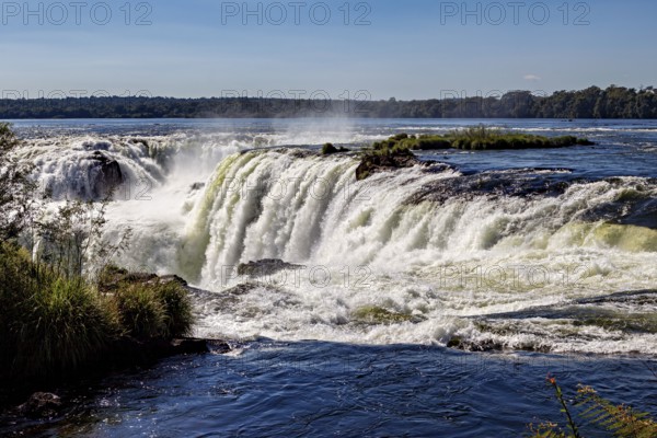 Wide waterfall with foaming water and grasses on the banks under a clear sky, The Iguazu Falls between Argentina and Brazil