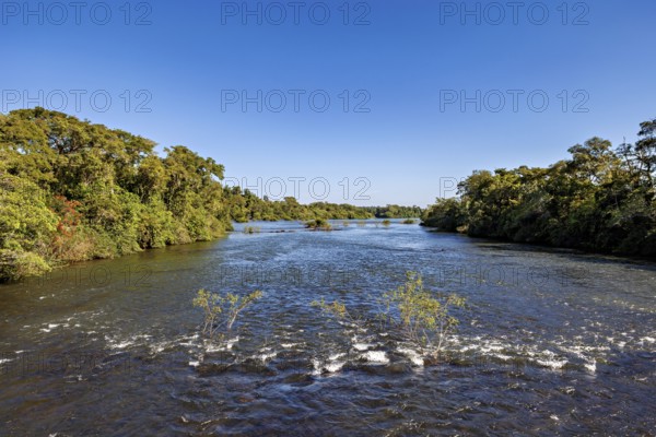 Long river flows through a green landscape under a clear blue sky, The Iguazu River between Argentina and Brazil