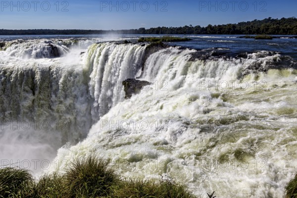 Foaming river water cascades over rocks, surrounded by lush vegetation and clear skies, The Iguazu Falls between Argentina and Brazil