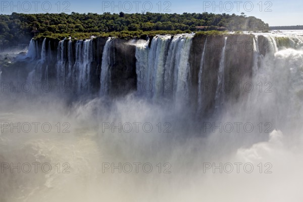 Impressive waterfall with dense haze and lush forest background under a clear sky, The Iguazu Falls between Argentina and Brazil