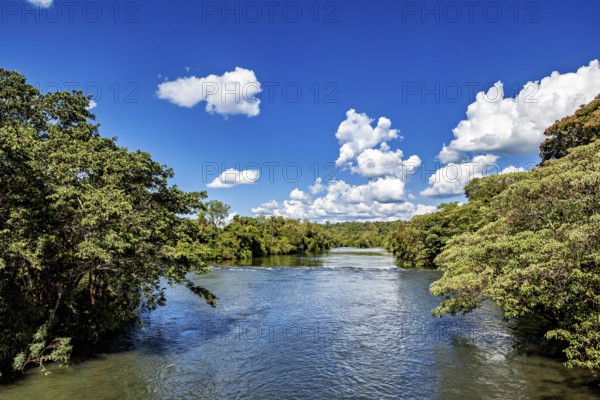 Lushly overgrown river course under a sky full of white clouds and blue, The Iguazu River between Argentina and Brazil