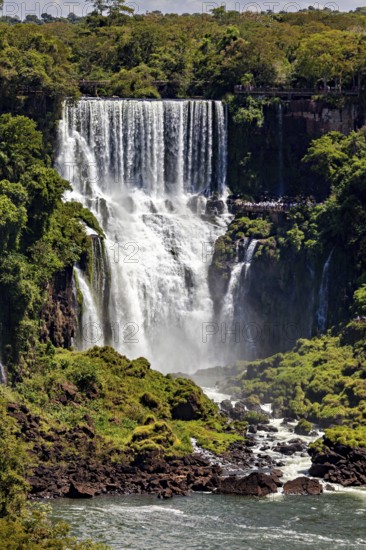 A large waterfall plunges into a river surrounded by dense foliage and rocks, The Iguazu Falls between Argentina and Brazil
