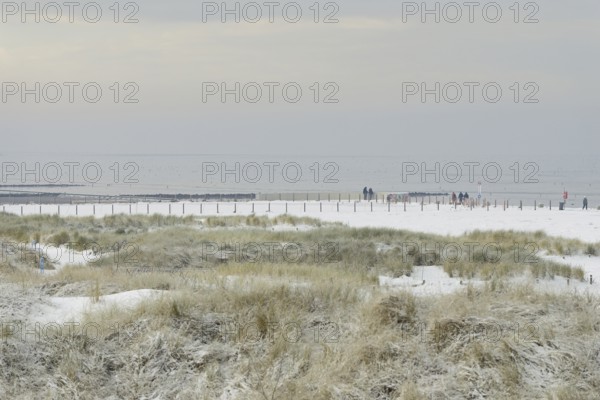 View over the snow-covered dune landscape of Norddeich, Wadden Sea at low tide, North Sea, Lower Saxony, Germany