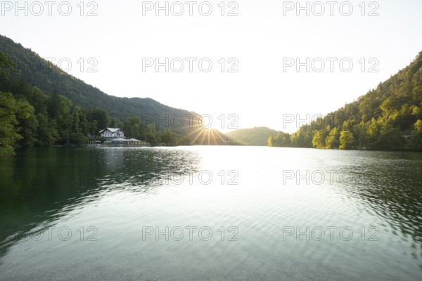 Sunrise in summer at Lake Thumsee near Bad Reichenhall with a view of the Seewirt