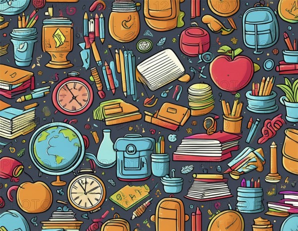 Colorful doodle pattern of education elements, vibrant geometric vector illustration, AI generated