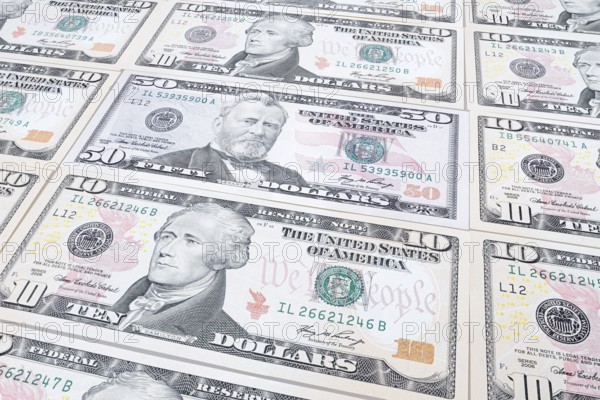 US dollar notes, 10 dollars, 50 dollars, banknotes