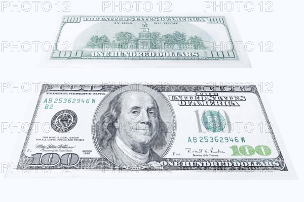 100 US dollar note, 100 dollar banknotes on white background