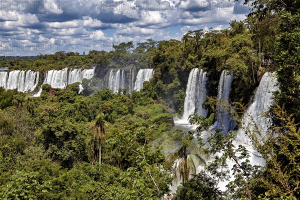 Majestic waterfalls in the dense jungle under a cloudy blue sky, The Iguazu Falls between Argentina and Brazil