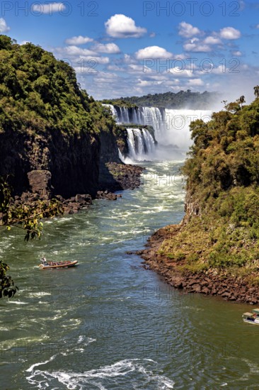 Dramatic waterfalls pour into a river, surrounded by dense vegetation and under a brilliant sky, The Iguazu Falls between Argentina and Brazil