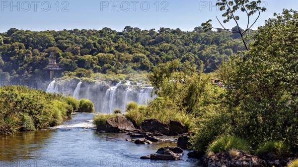 Path to a waterfall, surrounded by trees and vegetation, The Iguazu Falls between Argentina and Brazil