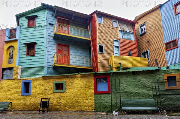Colourful houses with different colours and architectural details, the colourful city and tango district of La Bocca in Buenos Aires Argentina