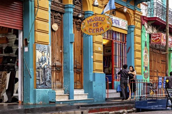 Entrance to a traditional museum with colourful building design and decorative lettering, The colourful city and tango district of La Bocca in Buenos Aires Argentina