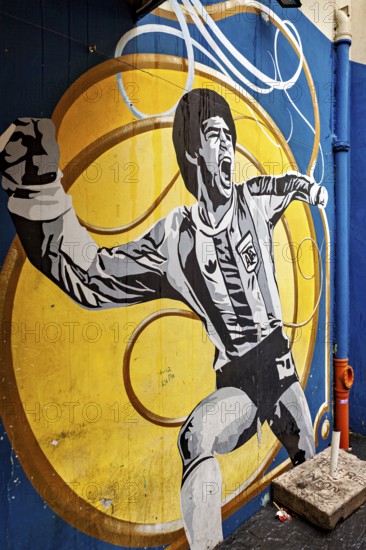 Mural of a cheering football player on a yellow and blue background, The football stadium of La Bocca of the Bocca Juniors in Buenos Aires Argentina