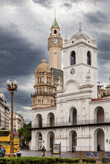 Centrally located colonial-style buildings with prominent clock towers and clouds in the sky, Historic buildings in the city of Buenos Aires Argentina