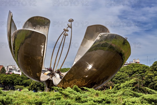 Modern sculptural flower surrounded by vegetation, with elements representing the pistil, The lotus blossom in Buenos Aires Argentina