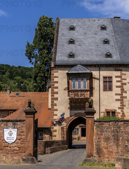 The old castle with Barbarossaplatz and the castle café in the old town centre of Büdingen, Hesse, Germany