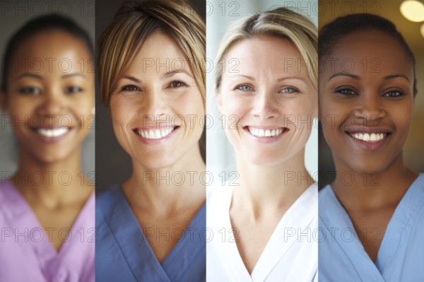 Collage of hospital nurses and medical professionals smiling. Concept of hospitality and excellent service, AI generated