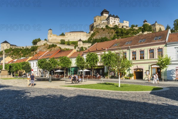 The Peace Square in the old town centre of Trencín, Trencín Castle in the background, Capital of Culture 2026, Trencín, Slovakia