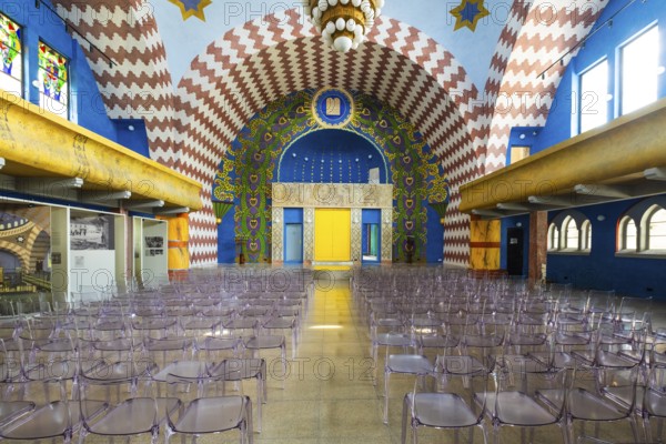 Renovated interior of the Neolog Synagogue converted into a cultural centre by Berlin architect Richard Scheibner in the Capital of Culture 2026, Trencín, Slovakia