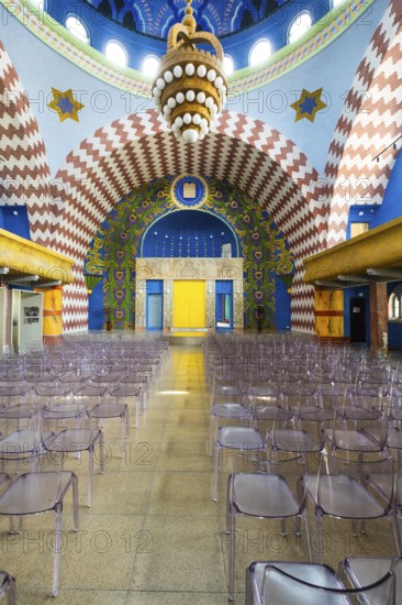 Renovated interior of the Neolog Synagogue converted into a cultural centre by Berlin architect Richard Scheibner in the Capital of Culture 2026, Trencín, Slovakia