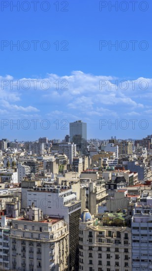 Panoramic cityscape and skyline view of Buenos Aires near landmark obelisk on 9 de Julio Avenue