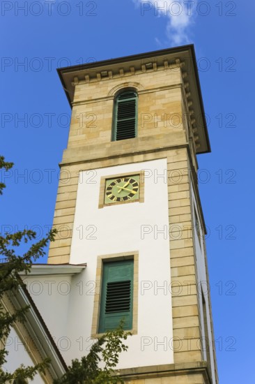 Protestant church, church, sacred building, church square, church tower, clock, Gomaringen, district of Tübingen, Baden-Württemberg, Germany