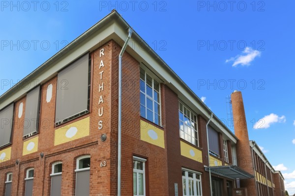 New town hall in the former Kindler corset factory, former Gotthold Kindler and Cie. corset factory, factory building, former textile industry, brick, building, lettering, fireplace, chimney, Gomaringen, district of Tübingen, Baden-Württemberg, Germany
