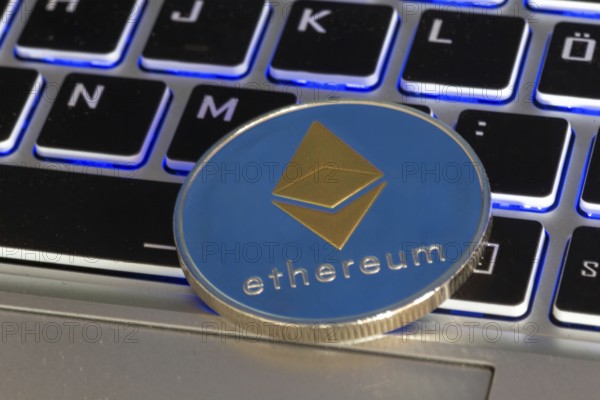 Close-up of a symbolic Ethereum coin