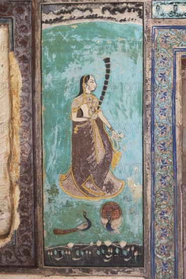 Wall paintings in the Garh Palace or Rajput Palace, Bundi, Rajasthan, India