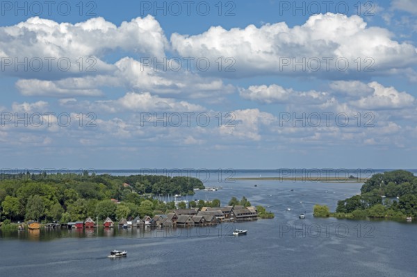 View from the tower of St Mary's Church, Müritz, lake, boats, boathouses, holiday homes, Röbel, Müritz, Mecklenburg Lake District, Mecklenburg-Western Pomerania, Germany