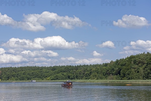 Houseboat, Zotzensee, Mecklenburg Lake District, Mecklenburg-Western Pomerania, Germany