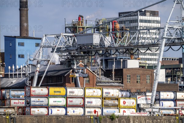 Scenery of Chempark Leverkusen, Bayer Leverkusen, chemical park, chemical plant, river Rhine, cargo ship, North Rhine-Westphalia, Germany