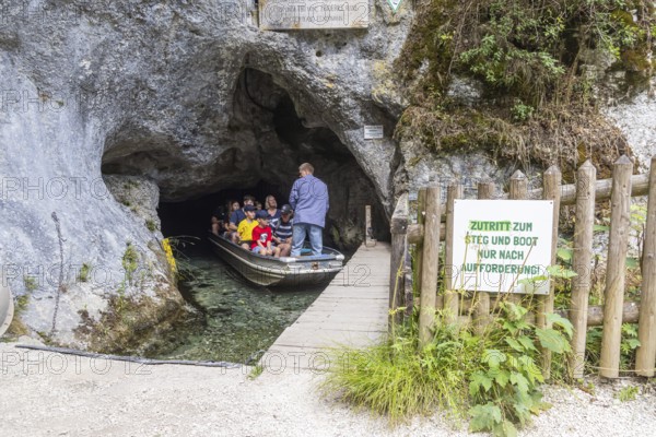 Excursion destination Wimsen Cave in the Swabian Alb. This tourist attraction is the only cave in Germany that can be accessed by boat. Origin of the Zwiefalter Ach. Hayingen, Baden-Württemberg, Germany