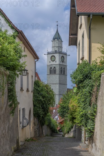 Tower of Überlingen Minster, St Nicholas, built in 1350 and 1576 in the late Gothic style, Überlingen, Baden-Württemberg, Germany