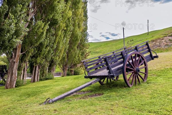 Abandoned wooden wagon on a green hill next to a row of trees, Historic horse-drawn wagon or carriage with wagon wheels in Patagonia