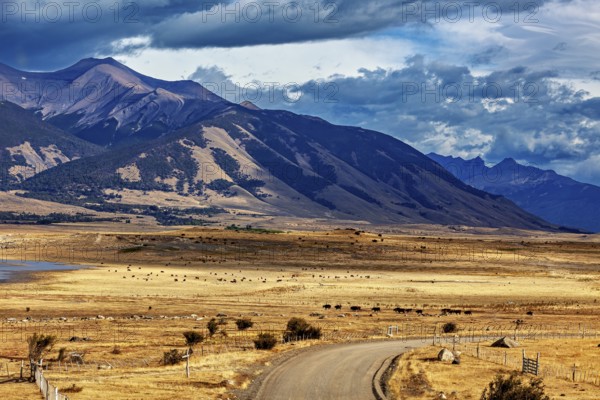 Wide plains with a winding road and a majestic mountain range in the background, the Patagonian landscape near El Chalten in Argentina